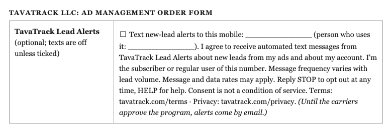 The Lead Alerts opt-in row of the TavaTrack order form, box unchecked